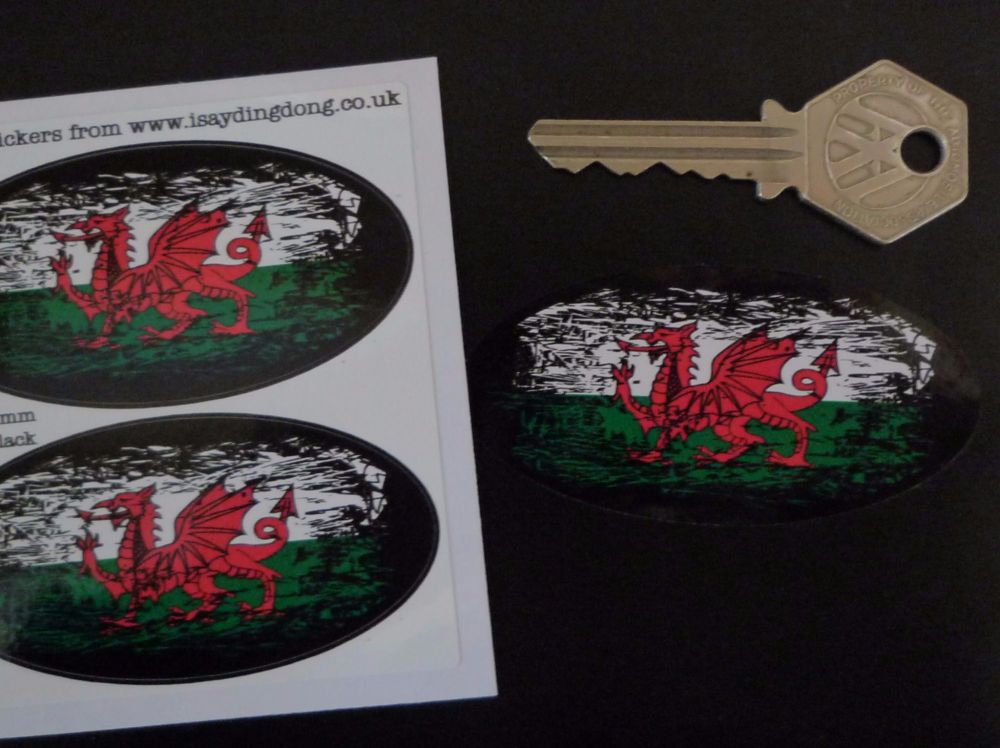 Welsh Dragon Flag Fade To Black Oval Stickers. 3