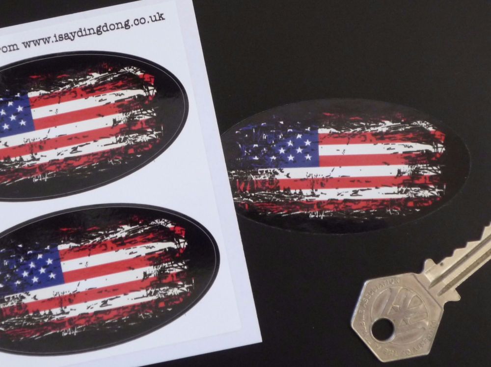 USA American Stars & Stripes Flag Fade To Black Oval Stickers. 3" Pair.