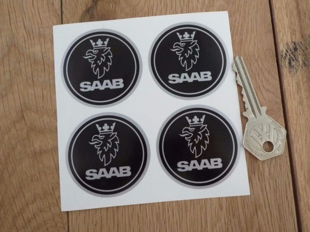 Saab Wheel Centre Style Black & Silver Stickers. Set of 4. 50mm.