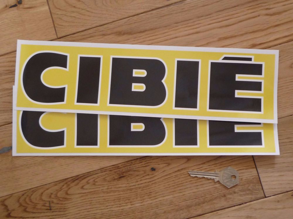 Cibie Black & White Text on Yellow Wide Style Oblong Stickers. 13" or 15.5" Pair.