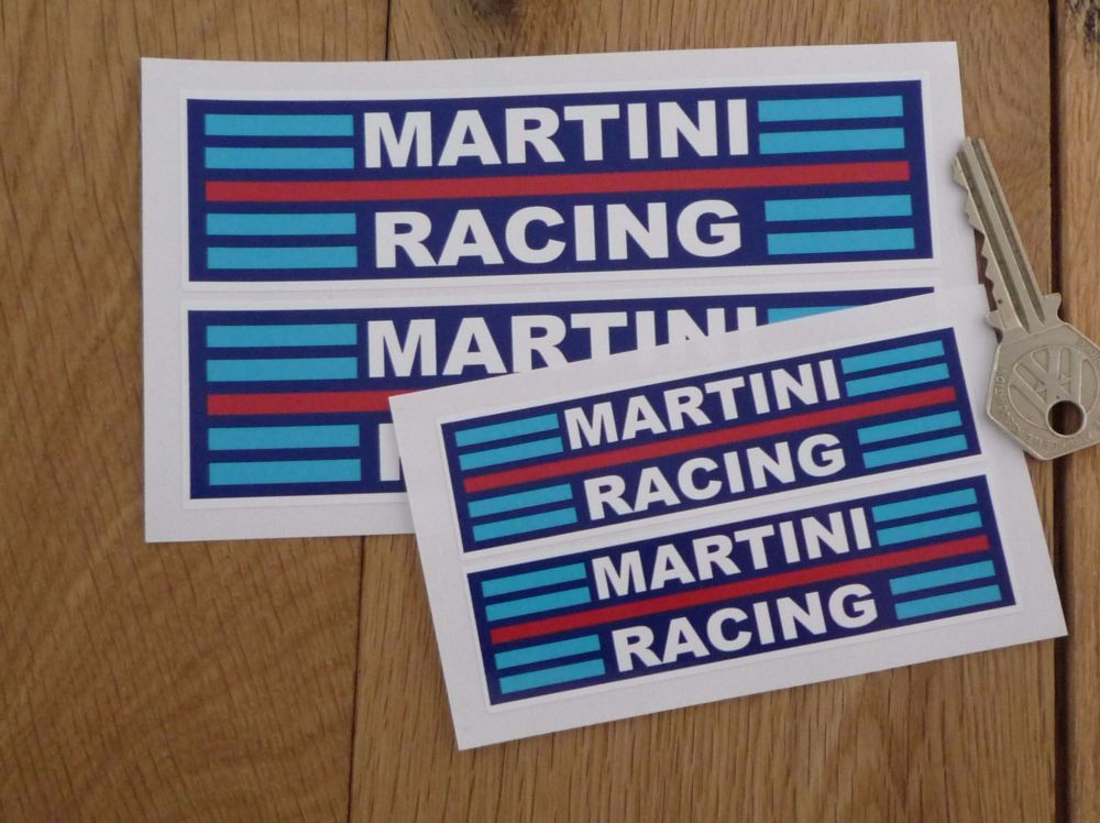 Martini Racing Streaked Blue Background Stickers. 4", 6", 8" or 12" Pair.
