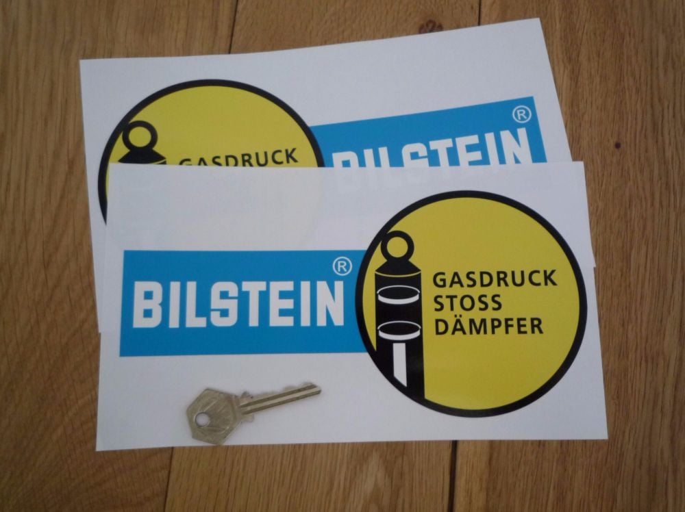 Bilstein German Text Gasdruck Stoss Dampfer Narrow Handed Stickers. 8.5" Pair.