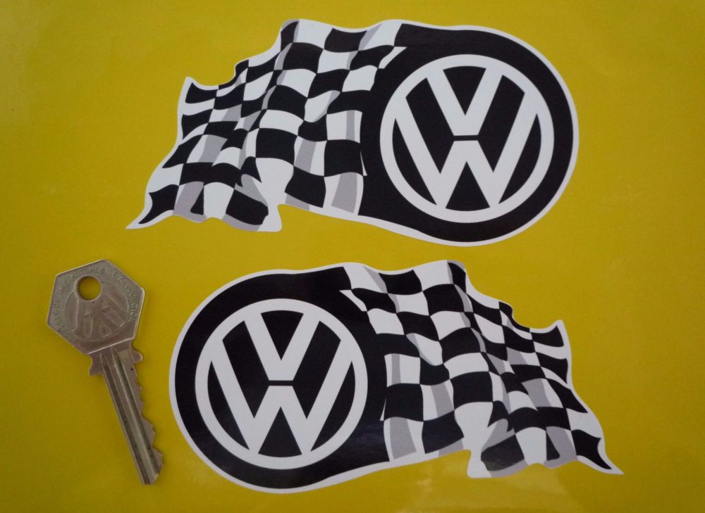 VW Volkswagen Black Logo & Wavy Chequered Flags Stickers. 4.75" Pair.