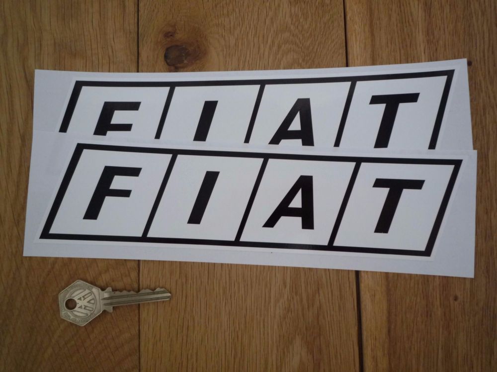 Fiat Logo. Black on White. Slanted Oblong Stickers. 10" Pair.