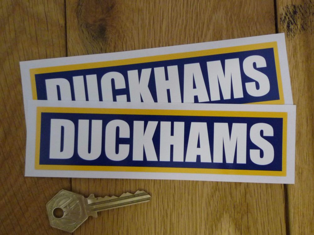 Duckhams Oil Classic Style White on Blue Oblong with Yellow Border Stickers. 6" Pair.