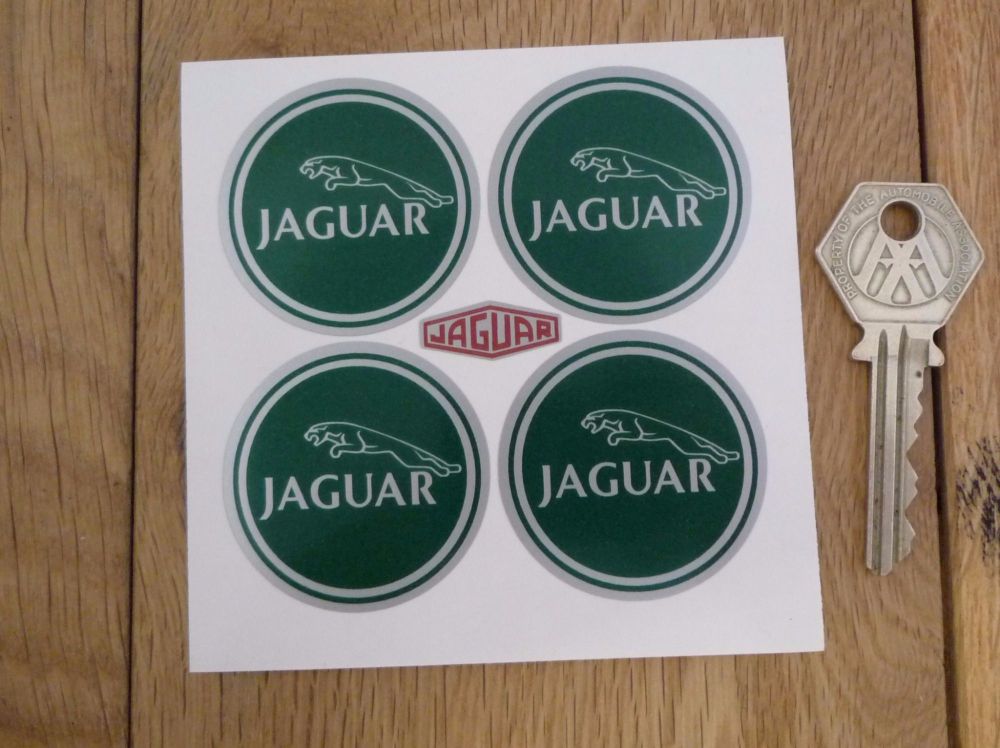 Jaguar Racing Wheel Centre Stickers. Leaper. Green & Silver. Set of 4. 43mm.