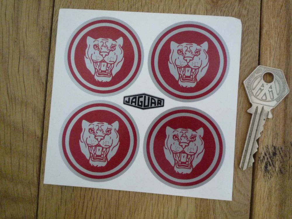 Jaguar Wheel Centre Stickers. Growlers. Red & Silver. Set of 4. 34mm, 45mm or 50mm.