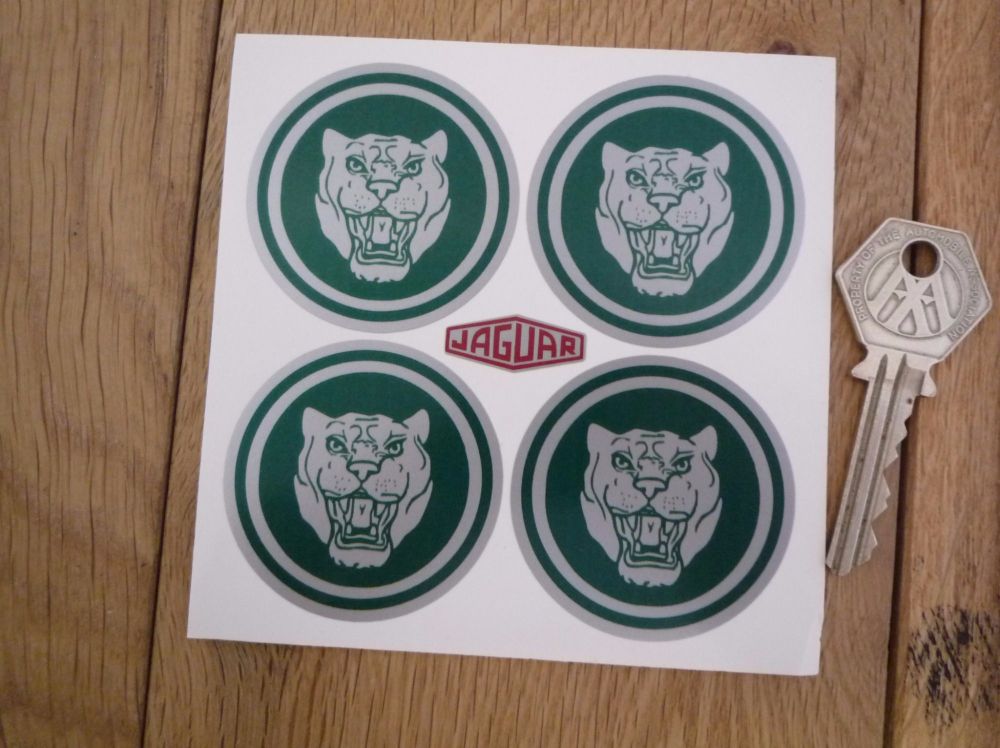 Jaguar Wheel Centre Stickers. Growlers. Green & Silver. Set of 4. Various Sizes.