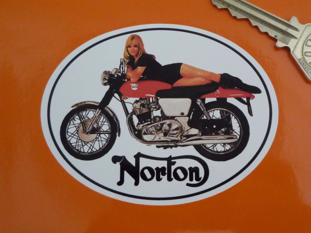 Norton Commando Fastback Girl Sticker. 3.5"