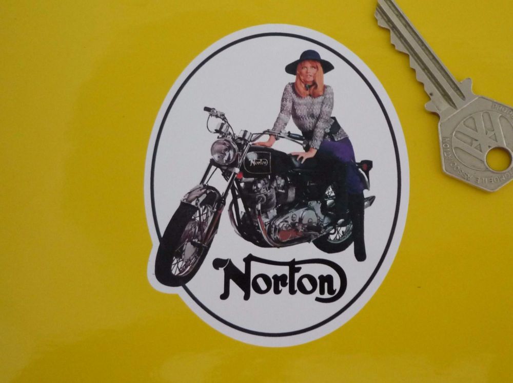 Norton Commando Roadster Girl Sticker. 3.5"