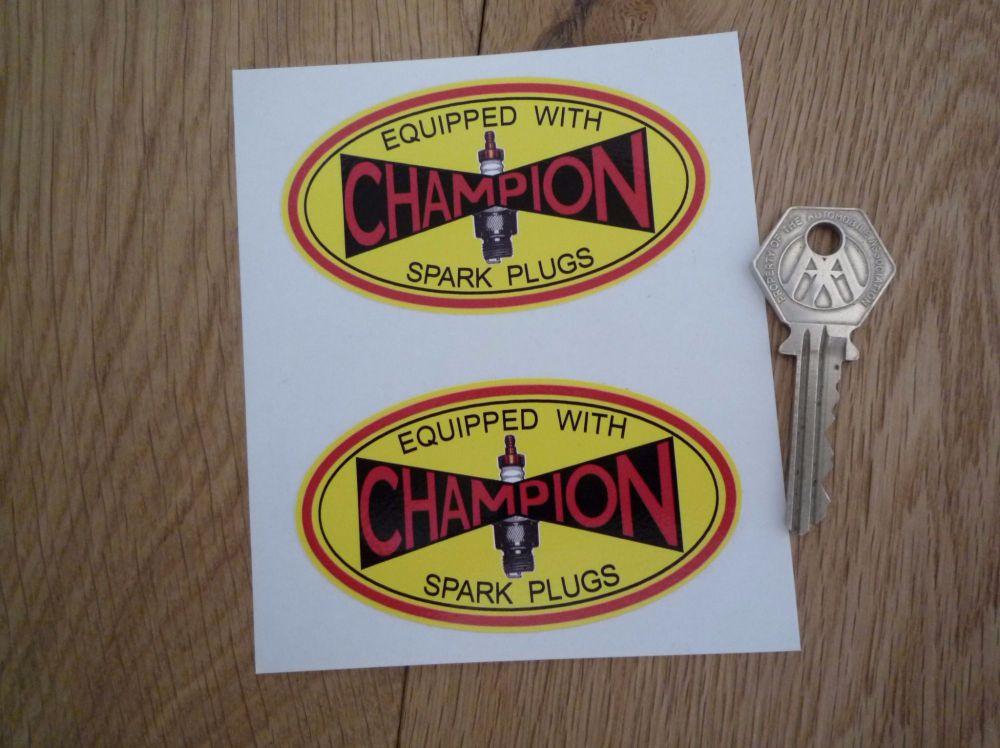 Champion Spark Plug Yellow Oval Stickers. 3.5" or 8" Pair.