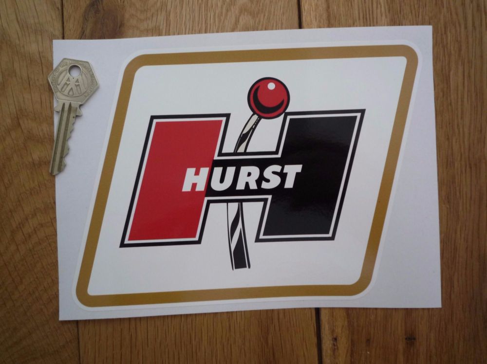 Hurst Logo Parallelogram with Brown Coachline Sticker. 7.5