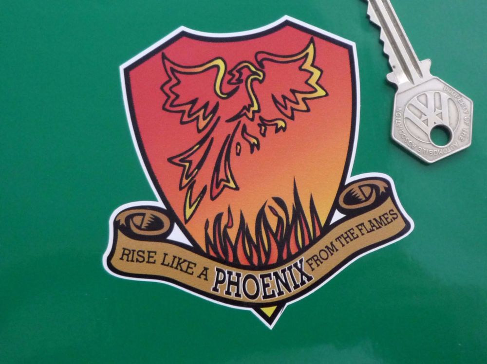 Rise Like A Phoenix From The Flames Shield Style Sticker. 3.75