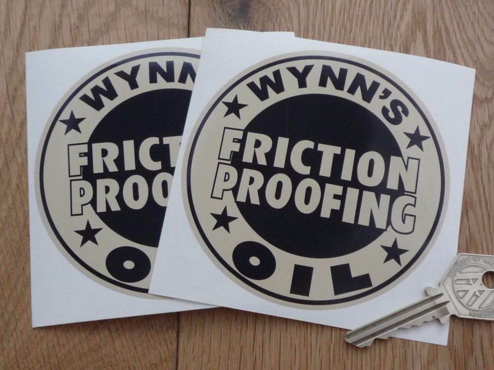 WYNN'S FRICTION PROOFING Round Car STICKERS 100mm Pair Wynns Bike Oil Race Rally 