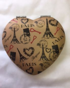 Heart Shaped Compact Magnifying Mirror with Paris Design - Ladies Gift Idea