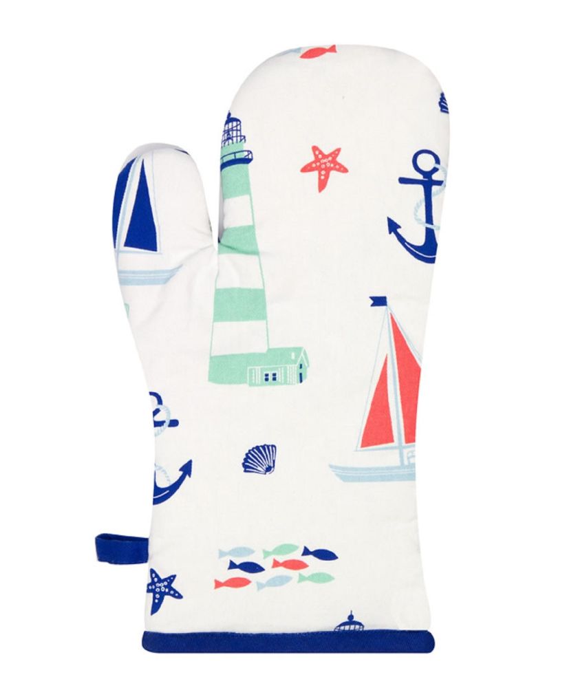 Nautical Seaside Kitchen Oven Glove with Boats and Shells Design