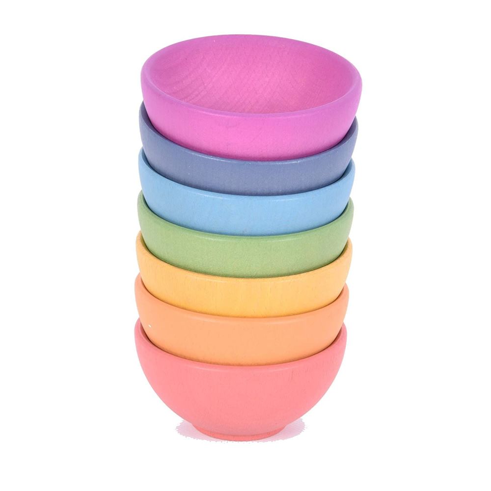 Rainbow Wooden Bowls, Set of 7