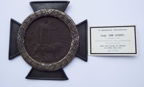 Memorial Plaque in Contemporary Cross frame to C/12093 Pte Tom Storey 17 KR