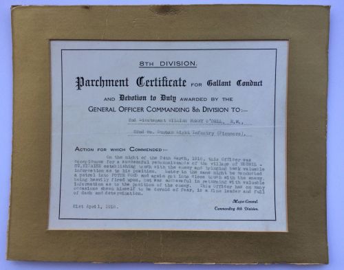 Parchment for Gallant Conduct to 2/Lieut W H O’Dell MM / 22 DLI