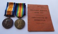 Pair and Military Certificate of Exemption to 49631 to Pte J J Heathfield Essex R / Listed as missing for one month