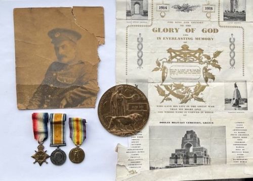 1914/15 TRIO AND PLAQUE TO PTE BALL S WALES BORDERS / killed in a Victoria 