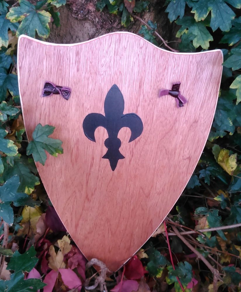 Traditional hand crafted wooden shield with leather strap
