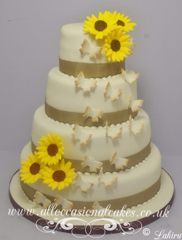 Sunflower and Butterfly Wedding Cake