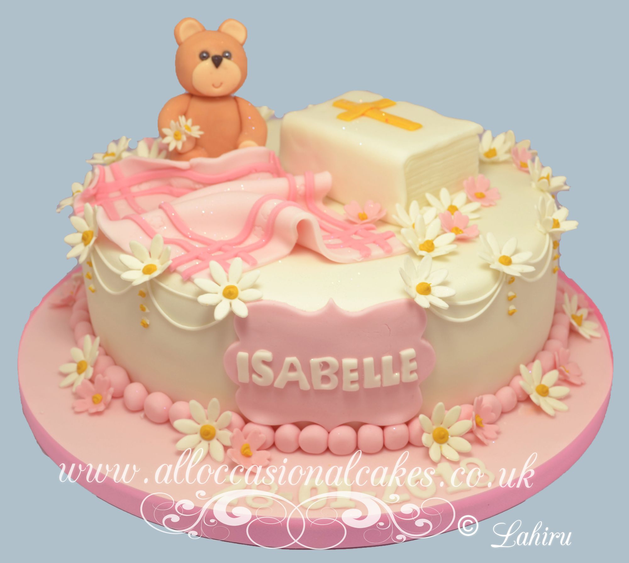 teddy pink blanket and bible christening cake