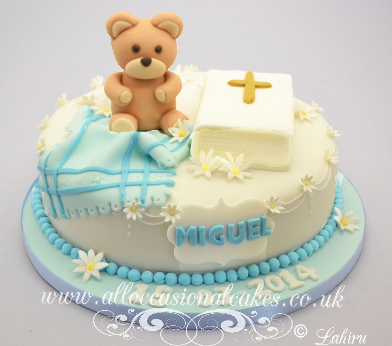 teddy blanket and bible christening cake