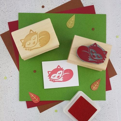 Sleepy Fox Hand Carved Rubber Stamp