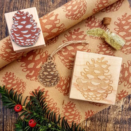 Merry Christmas Geometric Rubber Stamp with Pine Cone