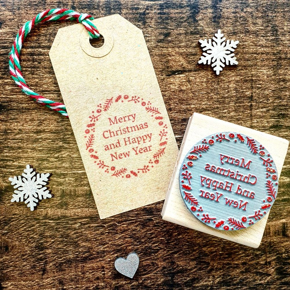 Merry Christmas Happy New Year Wreath Rubber Stamp