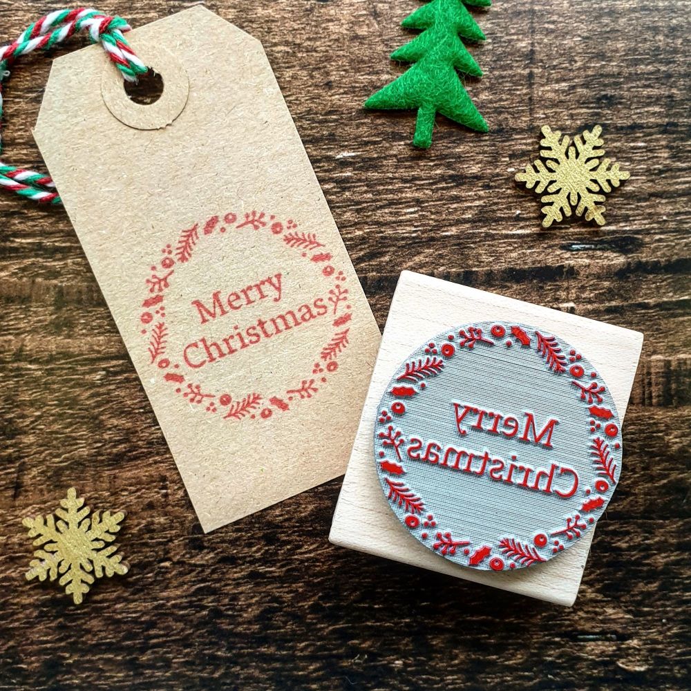 Merry Christmas Wreath Rubber Stamp 