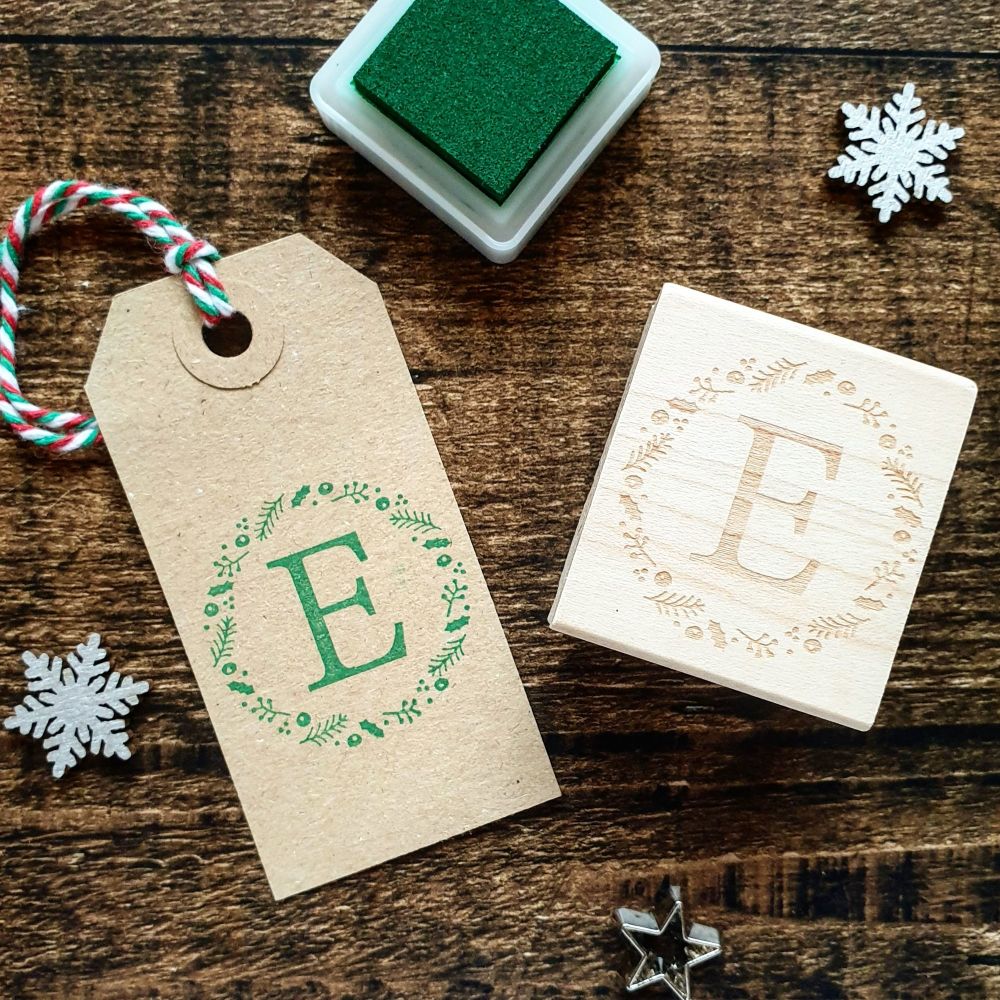 Personalised Initial Christmas Wreath Rubber Stamp
