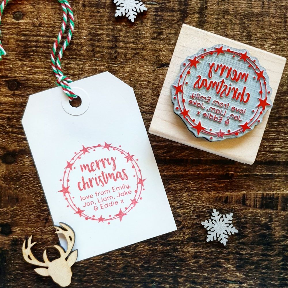 Personalised Merry Christmas Star Wreath Rubber Stamp