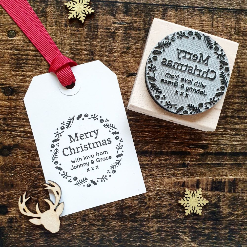 Personalised Merry Christmas Wreath Rubber Stamp