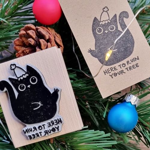 SACB x ROSIE JOHNSON ILLUSTRATES Christmas Cat Ruin Your Tree Rubber Stamp