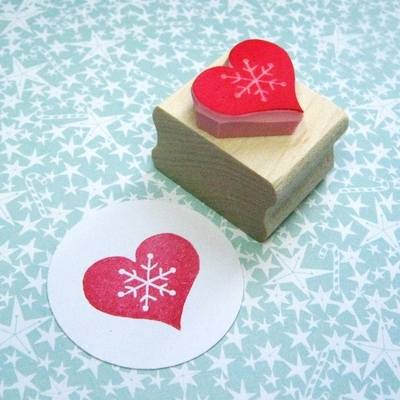 Snowflake Heart Hand Carved Rubber Stamp