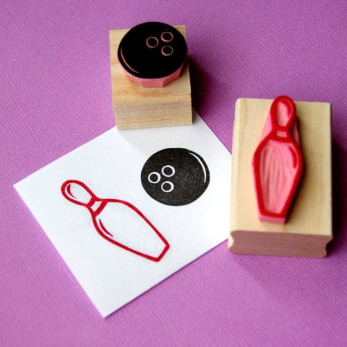 Bowling Ball and Pin Hand Carved Rubber Stamps