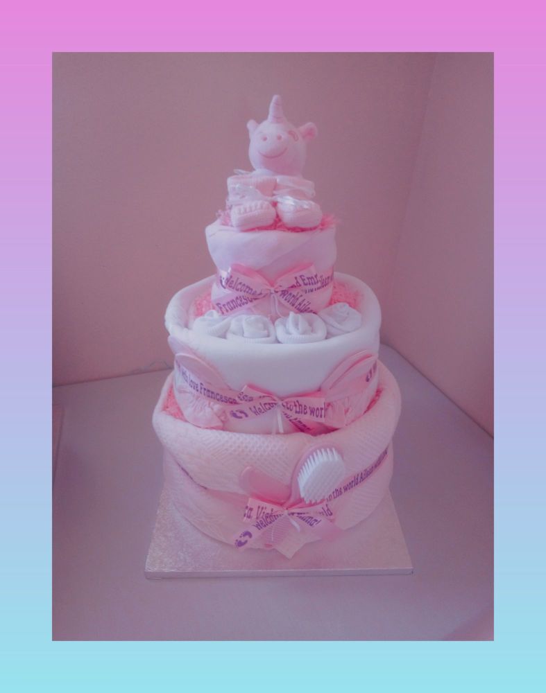 Simple three tier pink nappy cake