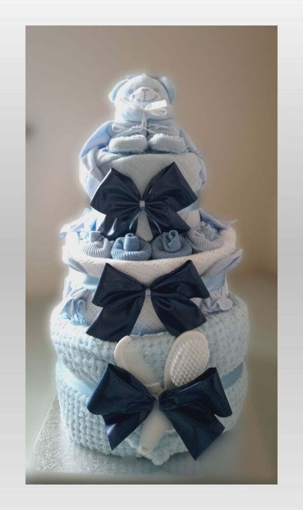 Simple three tier blue nappy cake