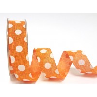 Burlap ribbon orange and white polka dot