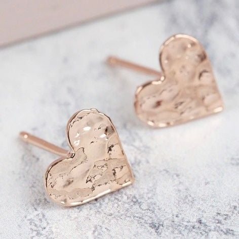 Hammered Heart Stud Earrings in Rose Gold