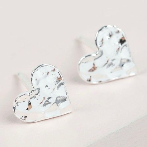 Hammered Heart Stud Earrings in Silver