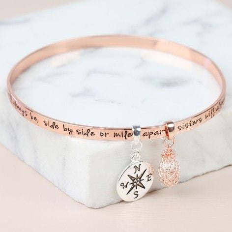Rose Gold 'Sisters...' Meaningful Words Charm Bangle