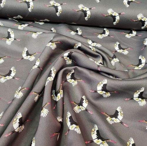 Micro Satin Dress Fabric Grey Birds