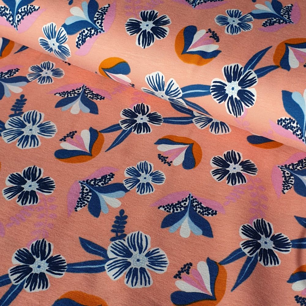 Peach Florals Organic Cotton Jersey Fabric