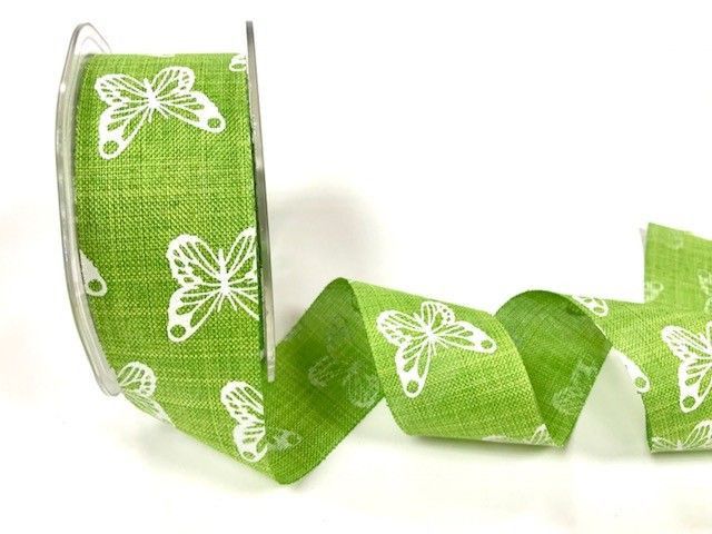 Bertie's Bows 38mm faux linen butterfly print ribbon Lime