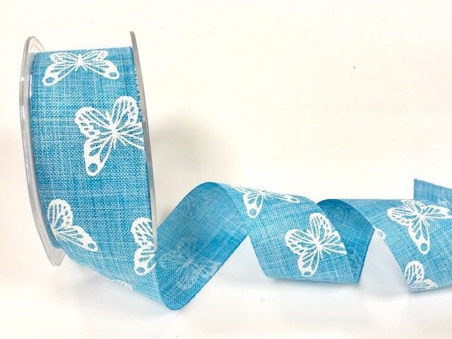 Bertie's Bows 38mm faux linen butterfly print ribbon Blue