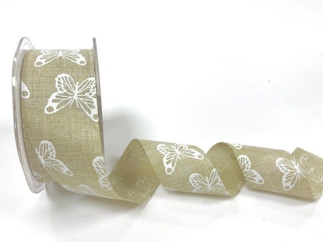 Bertie's Bows 38mm faux linen butterfly print ribbon Natural 